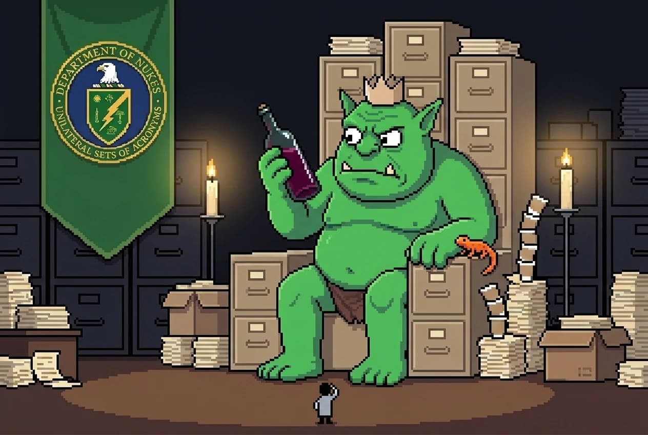 Comic cover: the crowned green ogre on a throne of filing cabinets eyes a wine bottle suspiciously; a Department of Nukes seal banner hangs behind, and a tiny scientist looks up from below.