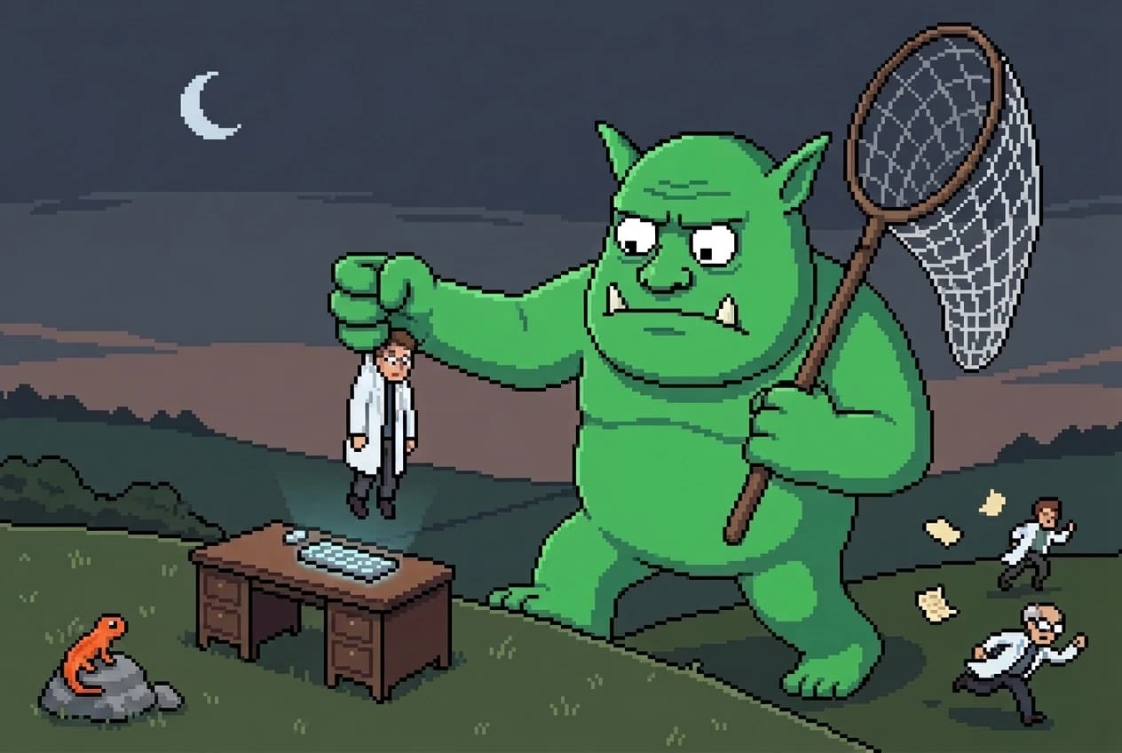 The ogre strides across moonlit hills with a butterfly net, dangling a caught scientist over a desk with a keyboard; two more scientists flee, and a tiny newt watches from a rock.