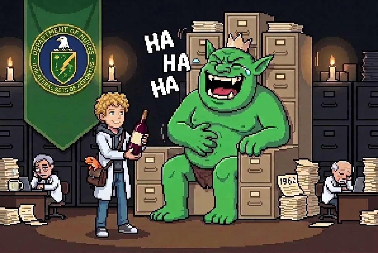 In the throne room, the ogre roars with laughter, HA HA HA rising beside its head, at a very tall thin young scientist with short curly blond hair, in a hoodie and lab coat, who holds up a single wine bottle; a newt peeks from his satchel and tired scientists slump in the background.