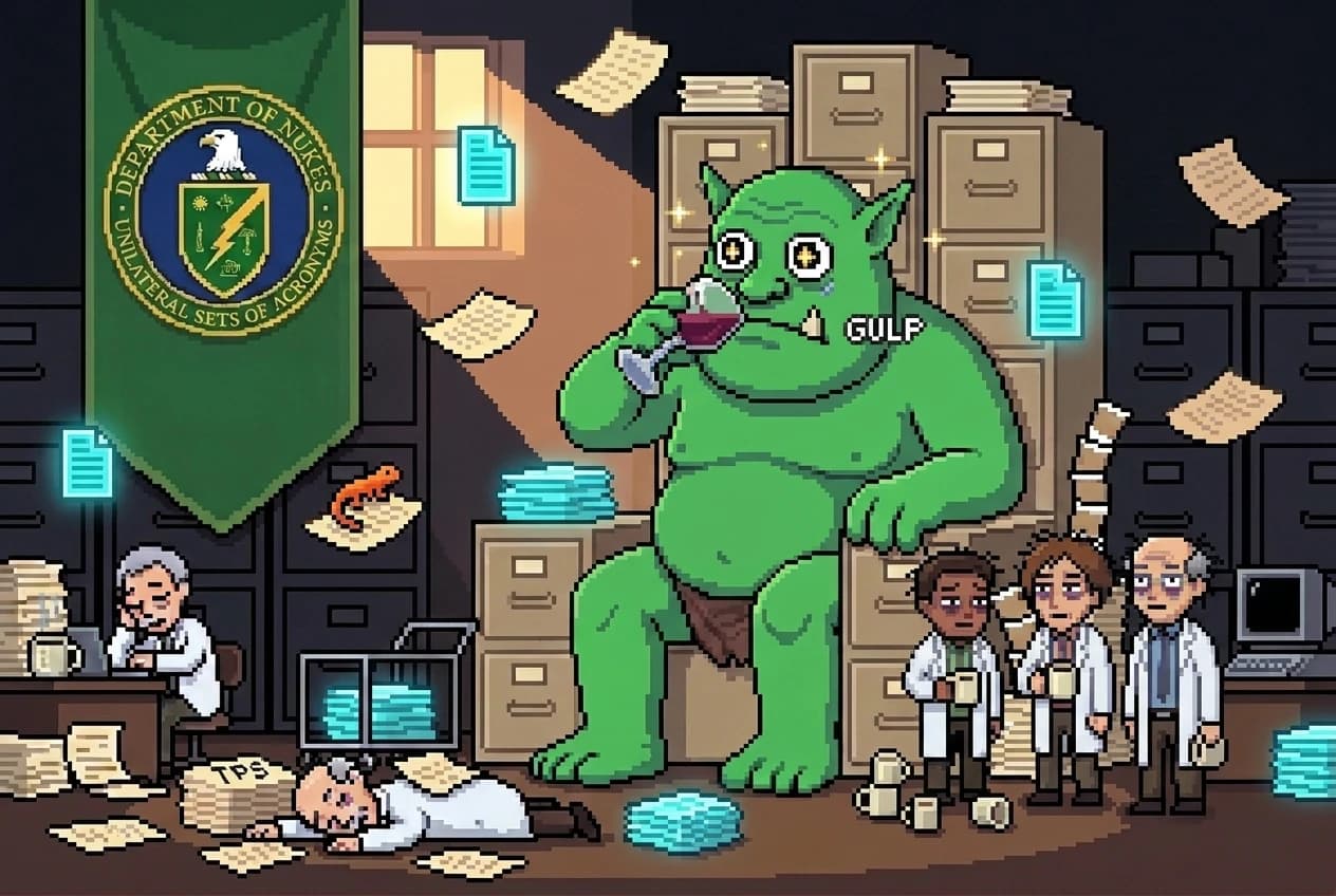 At dawn in the throne room the ogre sips with sparkling eyes and a GULP while glowing pages sort themselves into stacks; three scientists with heavy eye bags clutch coffee mugs in disbelief, the sleeper sleeps on, and a newt rides a floating page.