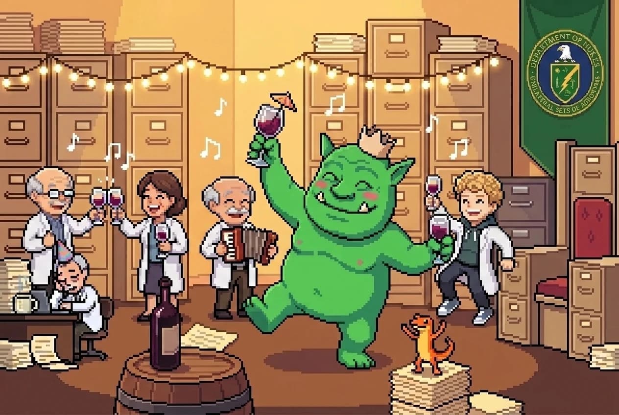The throne room from a new angle, strung with lights: the rosy-cheeked ogre dances with a cocktail-umbrella wine glass and a lopsided crown among seven refreshed scientists, the tall blond curly-haired outsider dancing beside it; the sleeping scientist snoozes on in a party hat, and a newt dances on a paper stack.